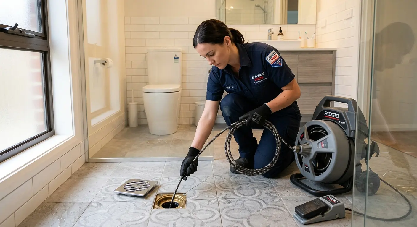 Technician clearing a bathroom floor drain for Clogged Drain Repair in Katy